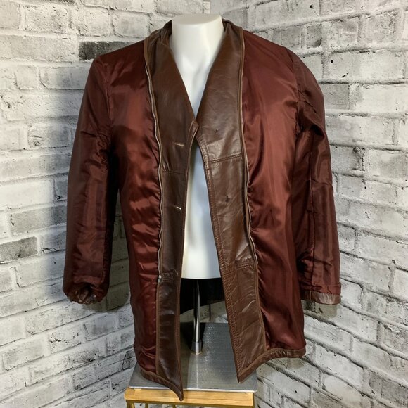 Vintage 70s Chocolate Brown Disco Leather Jacket Retro Mod Trench Coat - Picture 6 of 13